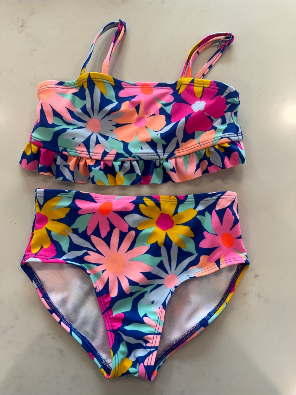 Girls Floral Ruffle Two-Piece Swimsuit - Navy / Pink